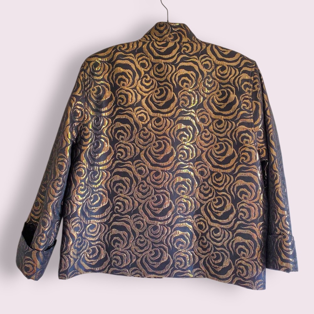Caroline Rose Brocade Jacket‎ Women's Medium Gold Roses Metallic Party - Picture 2 of 4